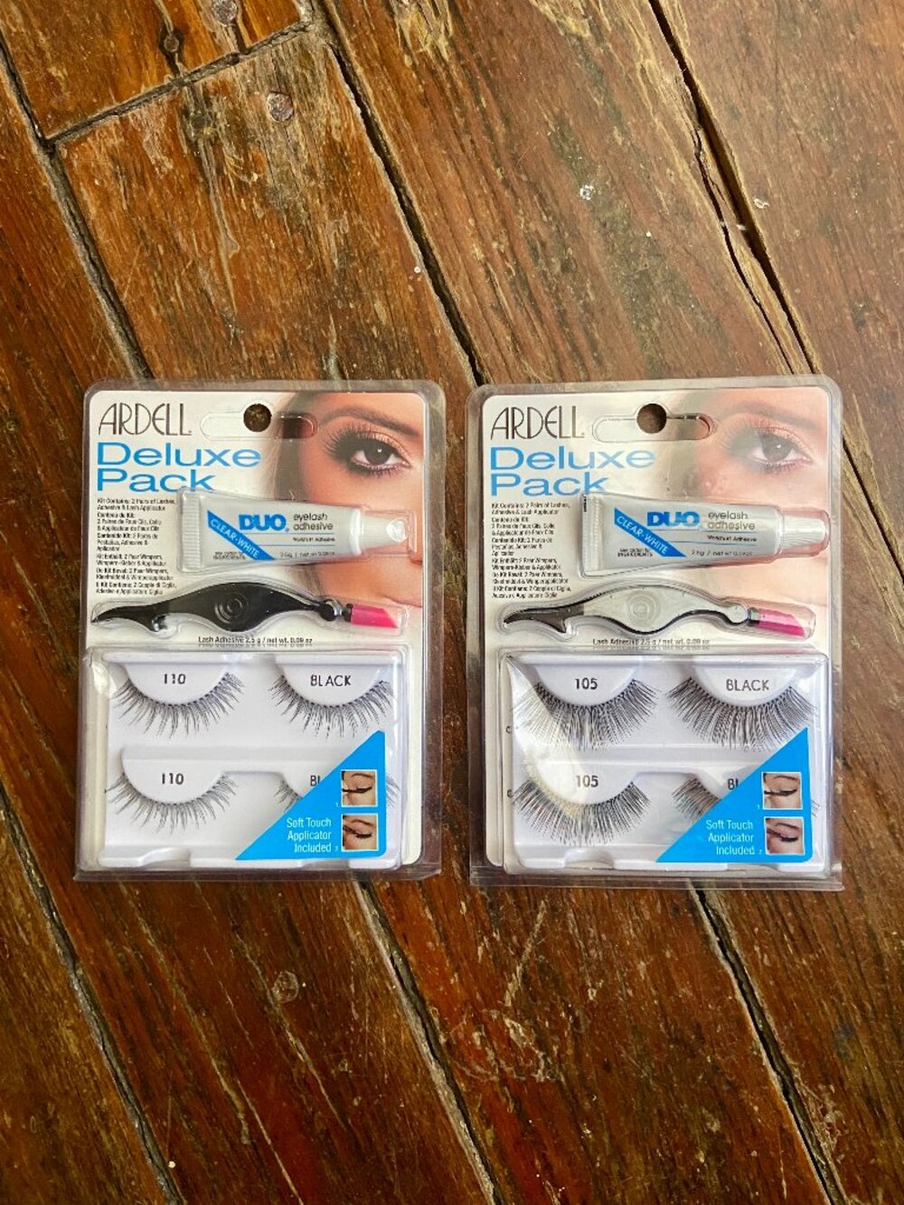 Lot of 2 Ardell Deluxe Pack Lashes 110 105 Black New w/ Clear White Adhesive